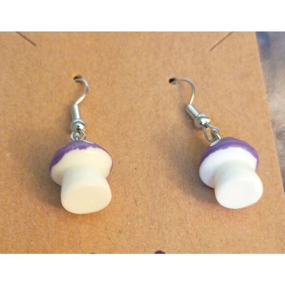 Purple & White Mushroom Dangle Earrings NEW Cottagecore Gift Boxed - Picture 4 of 4